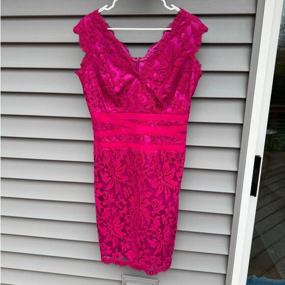 Tadashi Shoji size 14 Pink Embroidered Lace Overlay Knee Length Sheath Dress - Picture 2 of 14